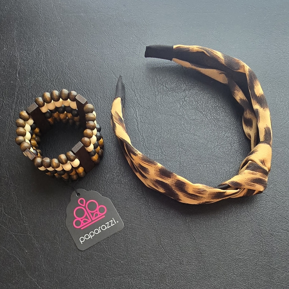 Paparazzi Wooden Bracelet & Animal Print Tie Knot Headband